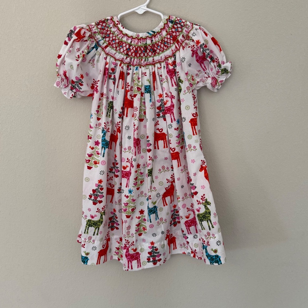 Smock Candy Girls Holiday Reindeer Smocked Bishop Dress Size 4T